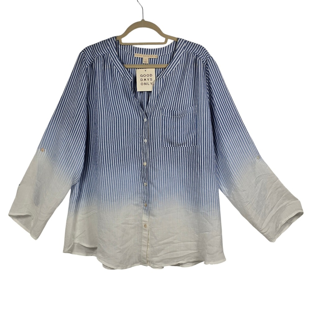 Good Days Only Womens Button Down Shirt 2X Blue White Striped Ombre Roll Tab NEW